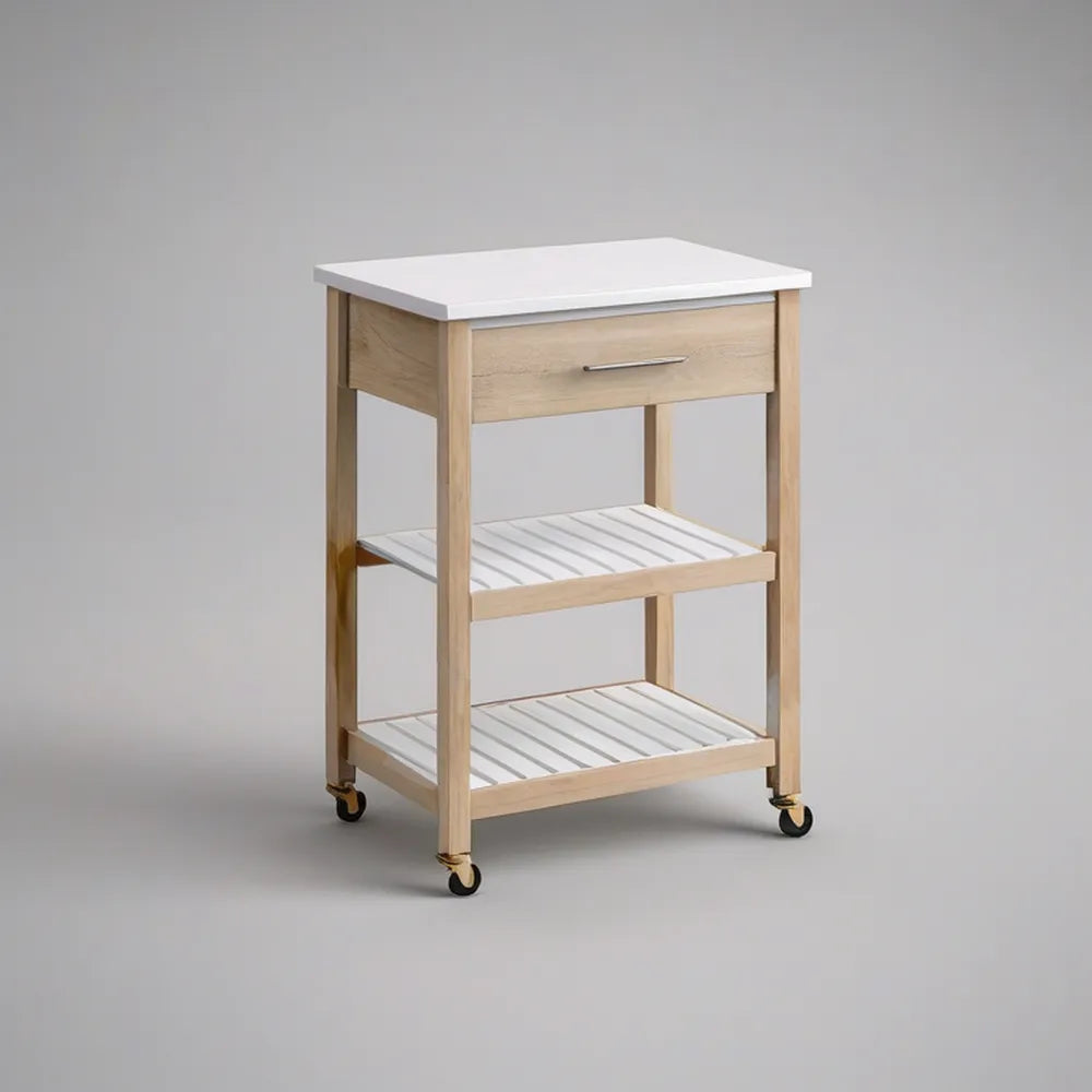 Carrinho de Cozinha em Madeira de Seringueira Maciça Branco e Natural com Gaveta e 2 Prateleiras 60 x 40 x 85 cm