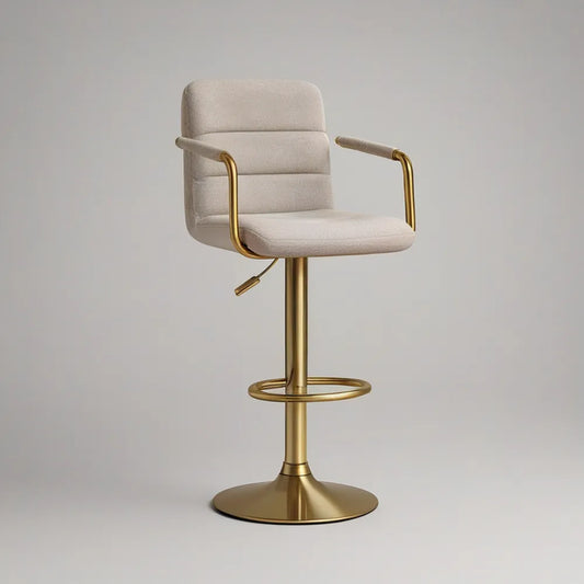 Banco de Bar Giratório Regulável com Braços em Poliéster Bege e Aço Dourado, 52 x 53 x 92-114 cm