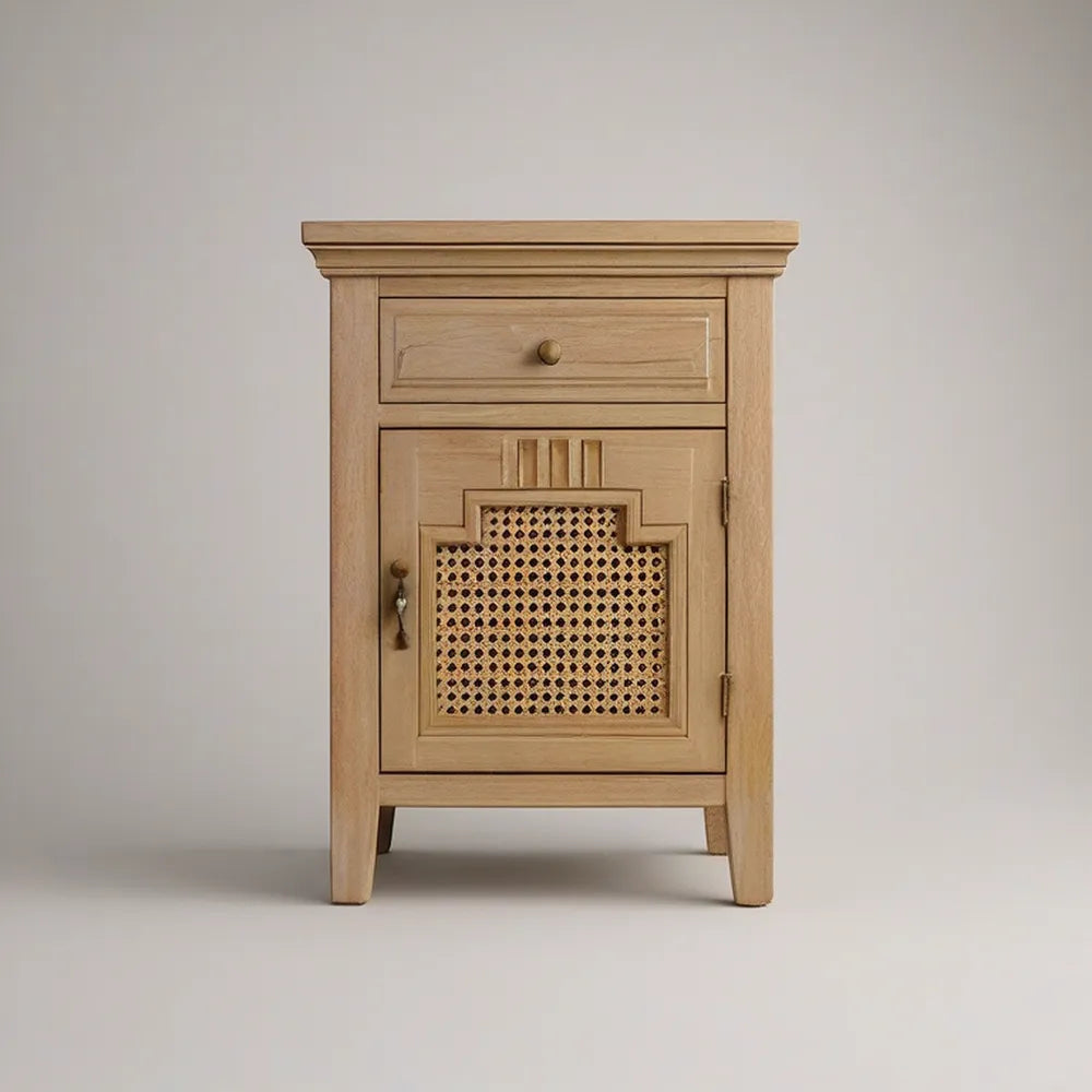 Mesa de Cabeceira em Madeira Maciça com Palhinha Natural Bege 45 x 35 x 70 cm