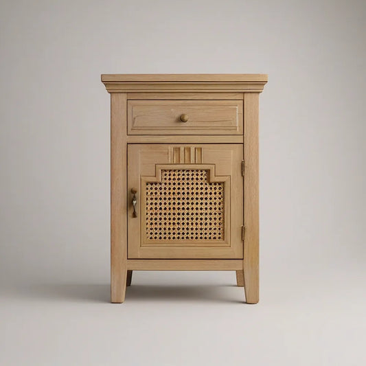 Mesa de Cabeceira em Madeira Maciça com Palhinha Natural Bege 45 x 35 x 70 cm