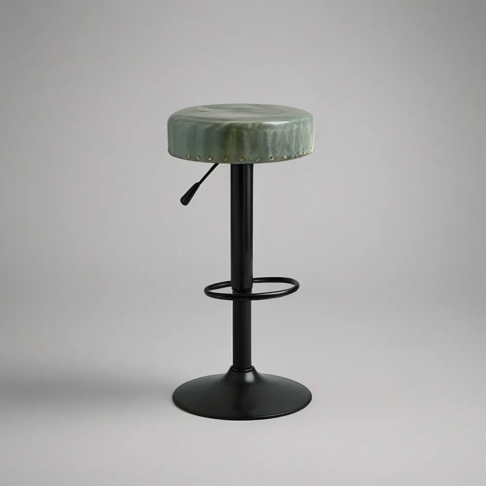 Banco de Bar Redondo Ajustável em Veludo Verde com Base Preta 62-83 cm