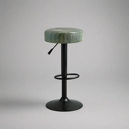 Banco de Bar Redondo Ajustável em Veludo Verde com Base Preta 62-83 cm