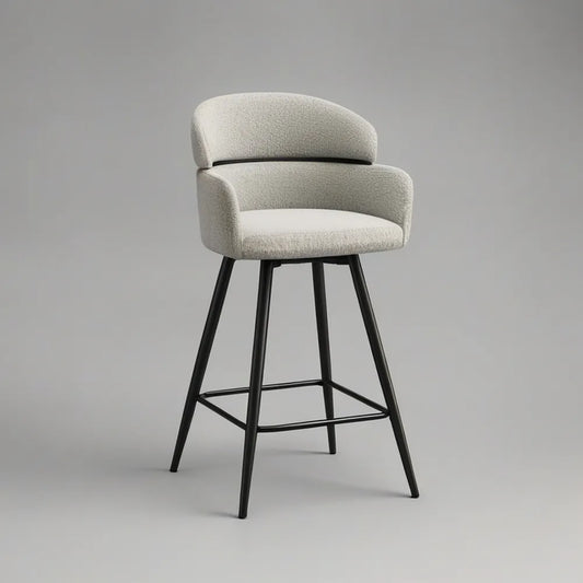 Banco de Bar com Encosto Curvo em Tecido Bouclé Bege e Estrutura Preta, 52 x 55 x 104 cm
