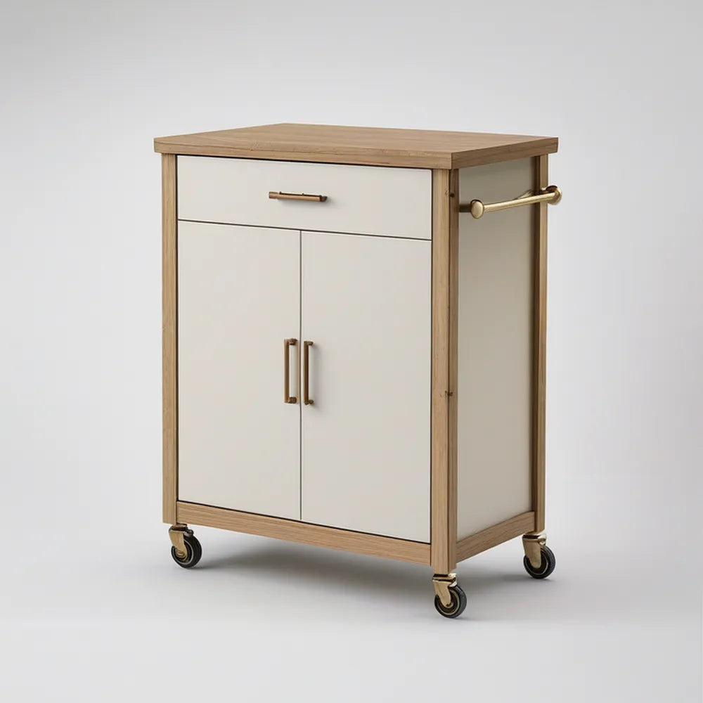Carrinho de Cozinha com Gaveta, Portas e Rodízios 80 x 45 x 90 cm em Branco, Carvalho Natural e Dourado