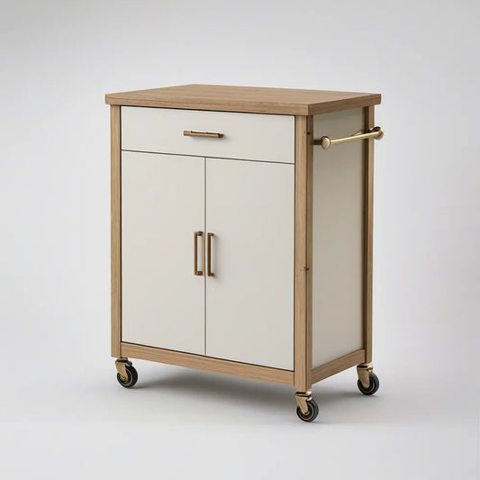 Carrinho de Cozinha com Gaveta, Portas e Rodízios 80 x 45 x 90 cm em Branco, Carvalho Natural e Dourado